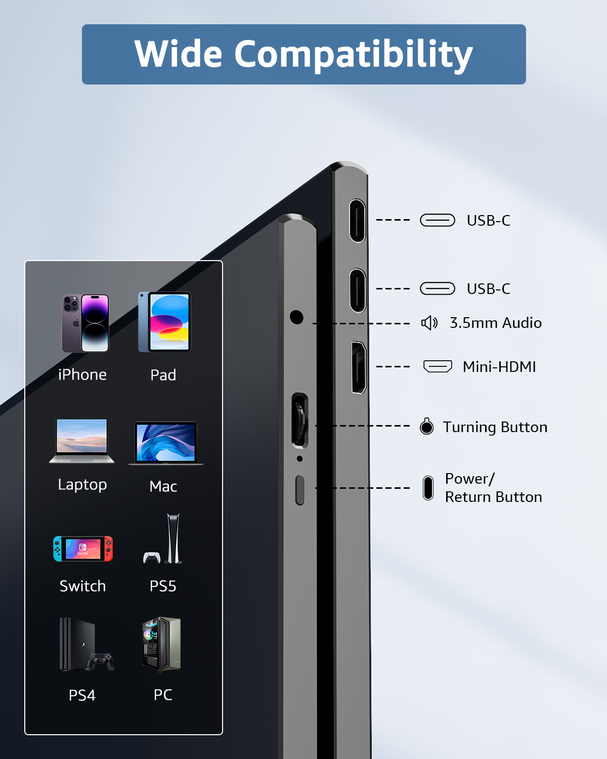 Yodoit Portable Monitor for Laptop, 15.6" 1920×1080 Travel Monitor FHD Screen IPS Display with USB Type C Port, Speakers and Smart Cover Compatible with PC, MacBook, Xbox (Black)