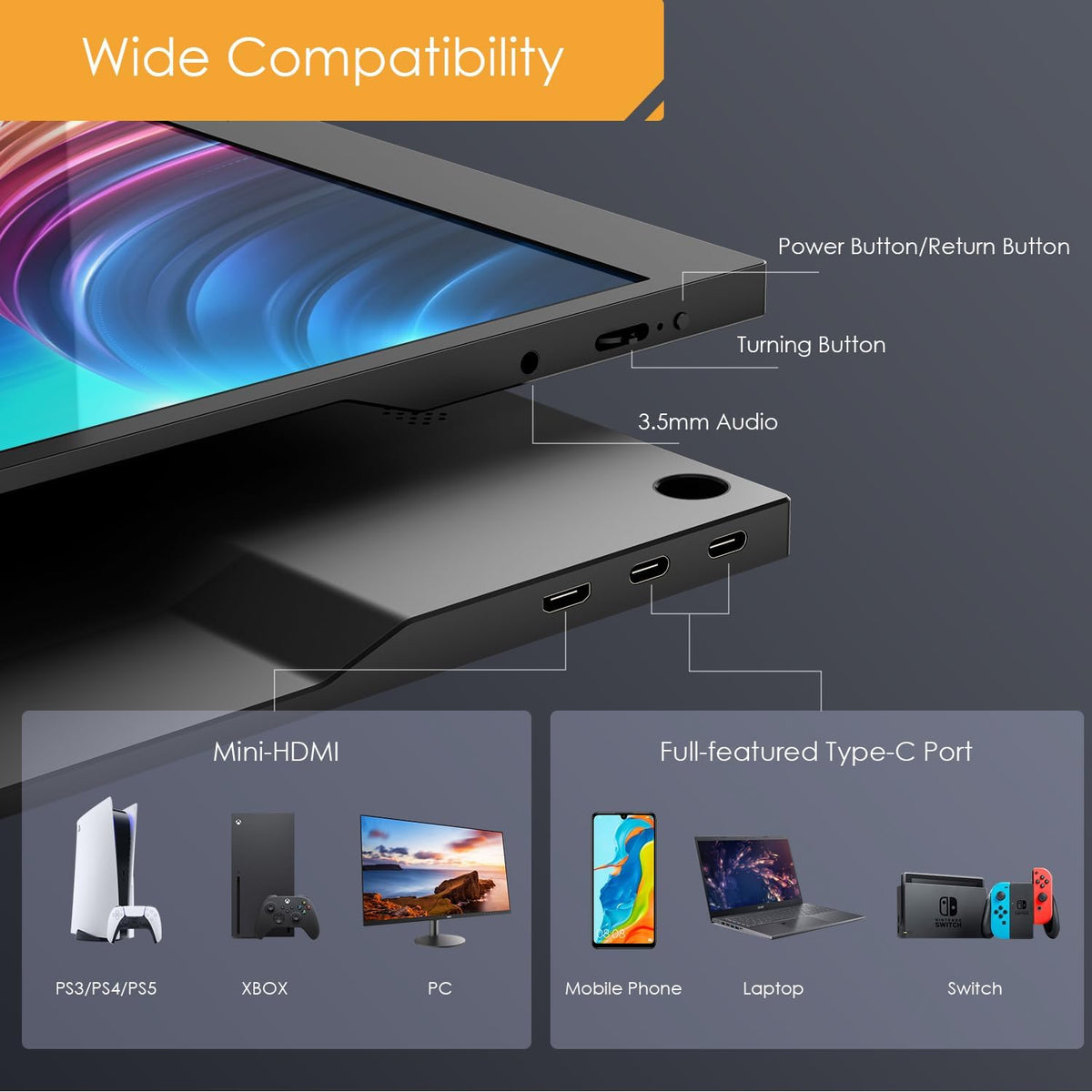 Portable Monitor 1920×1080 FHD Monitor Screen IPS Display with USB Typ