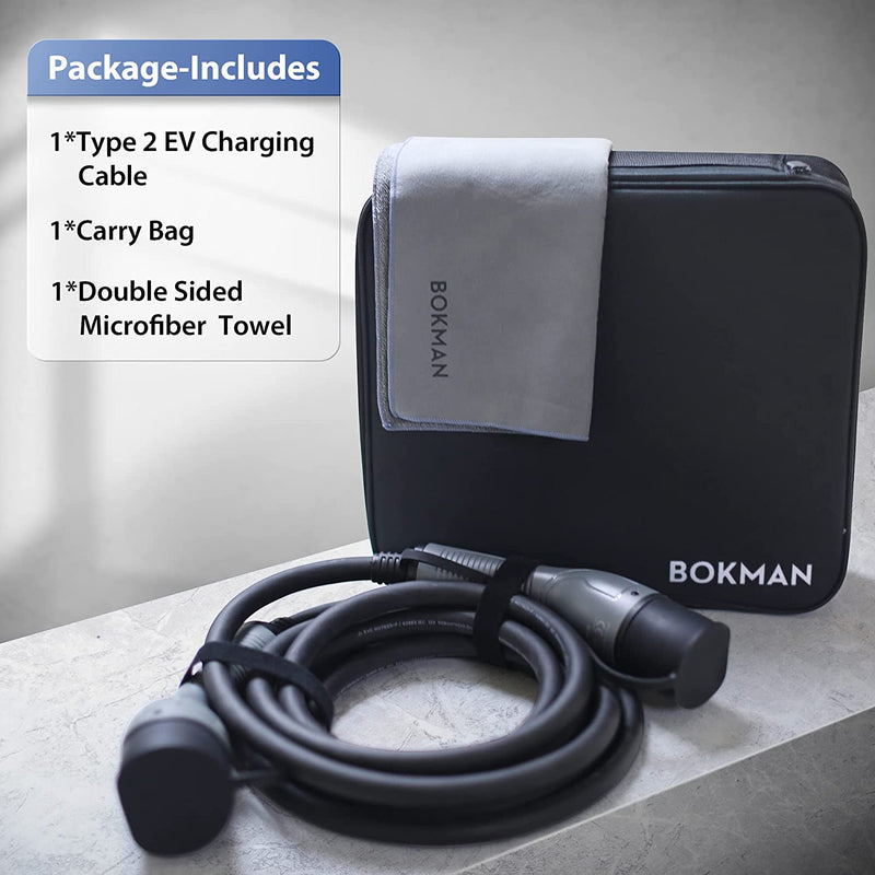 Bokman Câble de charge rapide hybride rechargeable pour voiture de véhicule électrique de type 2 à type 2 avec sac de transport et serviette en microfibre